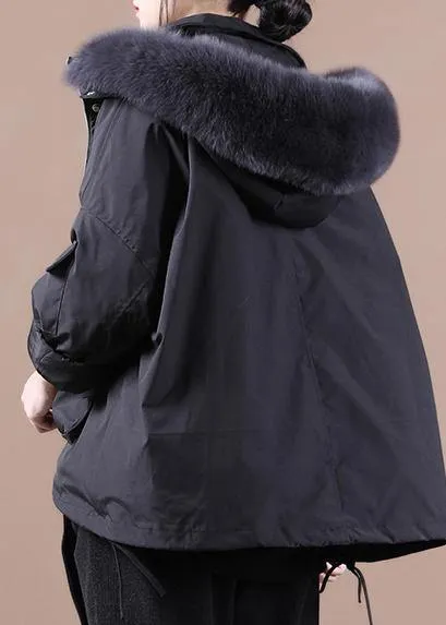 Fine plus size down jacket overcoat black hooded fur collar goose Down coat