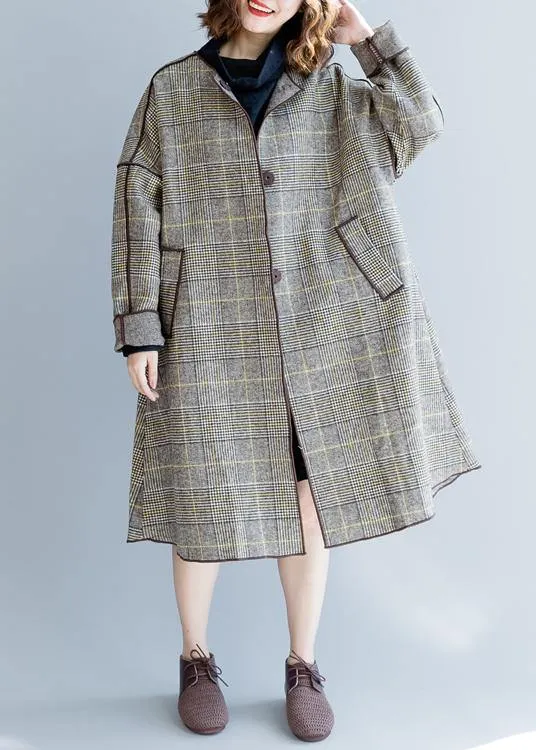 fine plus size mid-length coats winter woolen outwear plaid pockets woolen overcoat