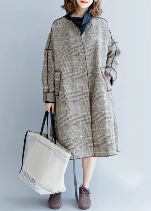 fine plus size mid-length coats winter woolen outwear plaid pockets woolen overcoat