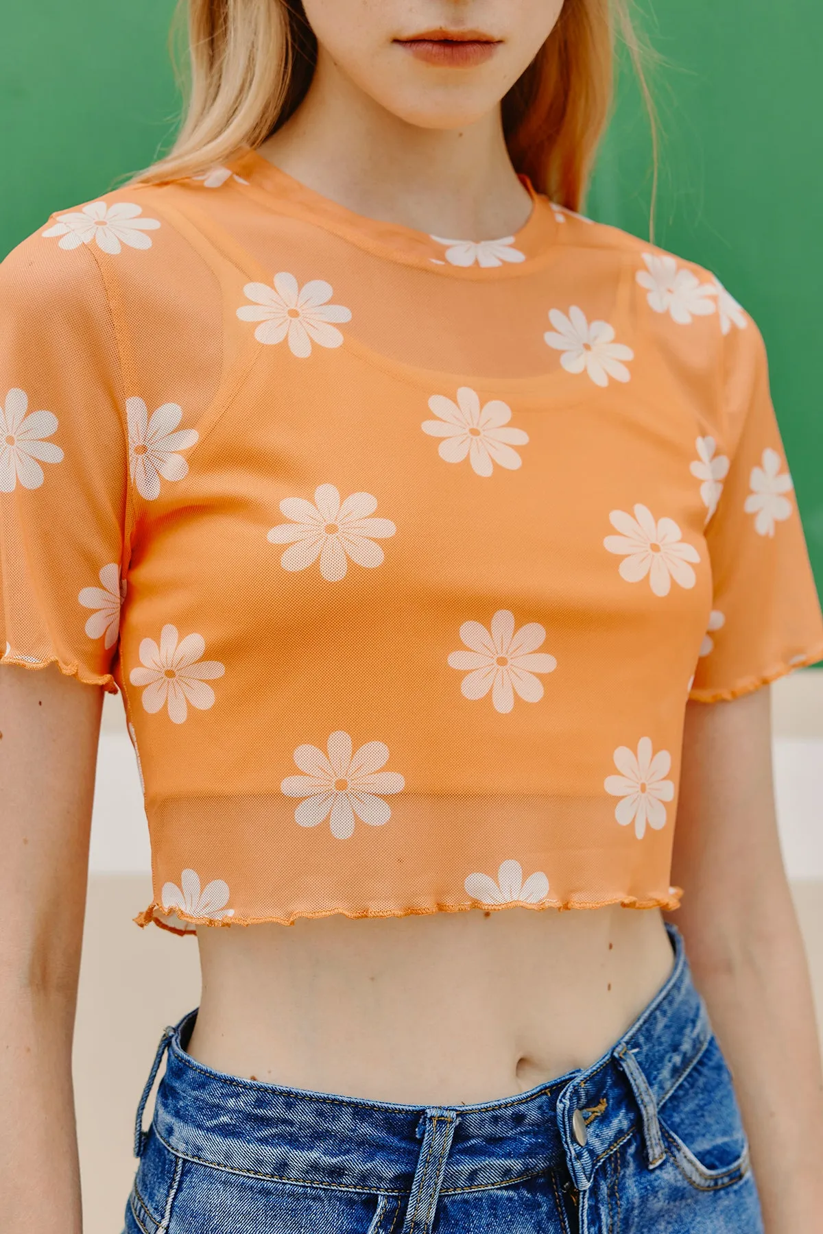 Floral Print Sheer Lettuce Trim Crop Tee