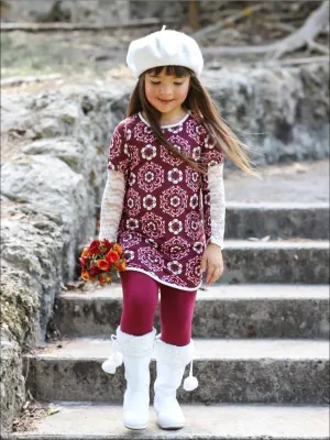 Girls Burgundy And Creme Medallion Print Long Lace Patch Sleeve Tunic And Matching Legging Set