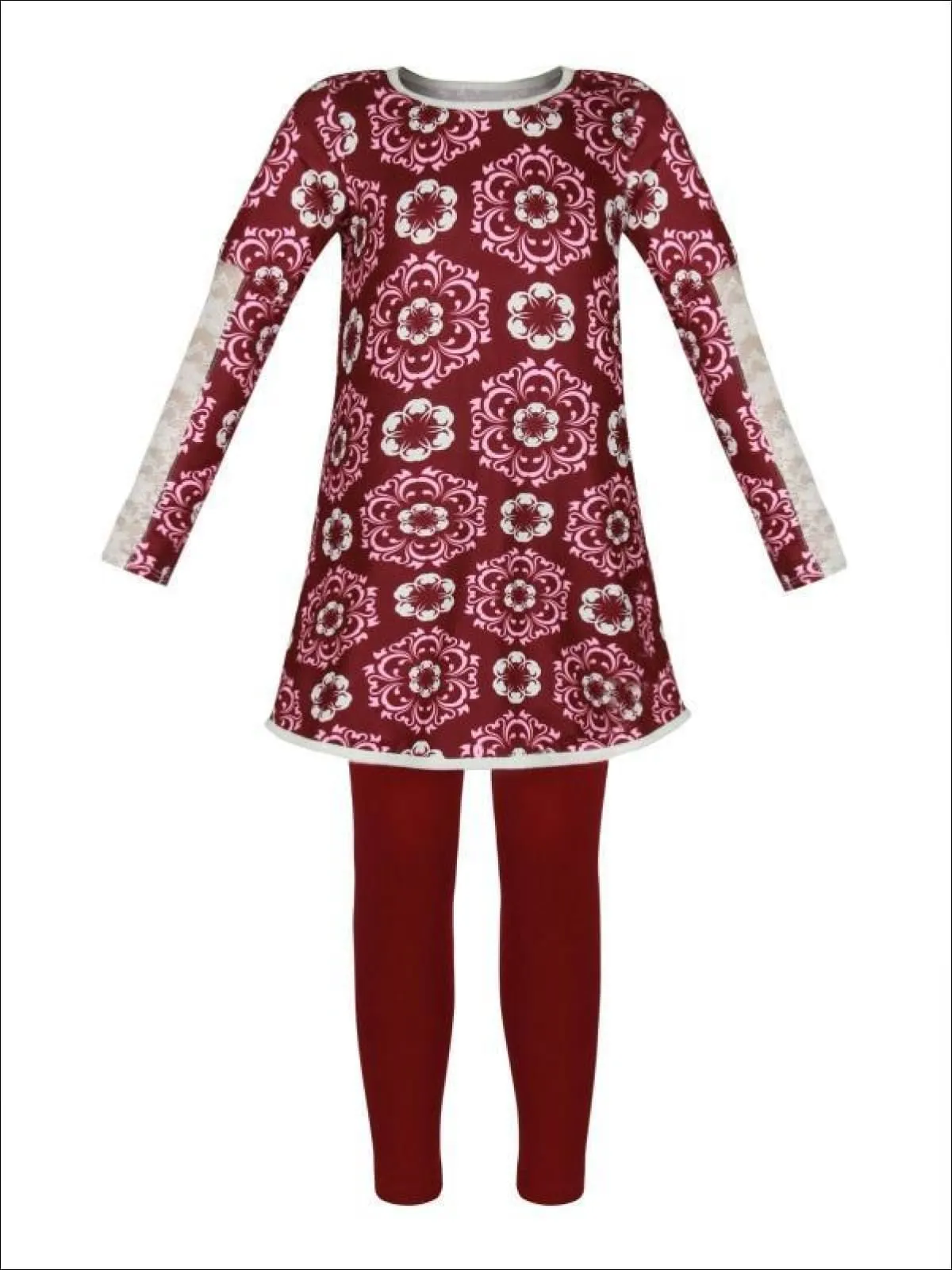 Girls Burgundy And Creme Medallion Print Long Lace Patch Sleeve Tunic And Matching Legging Set