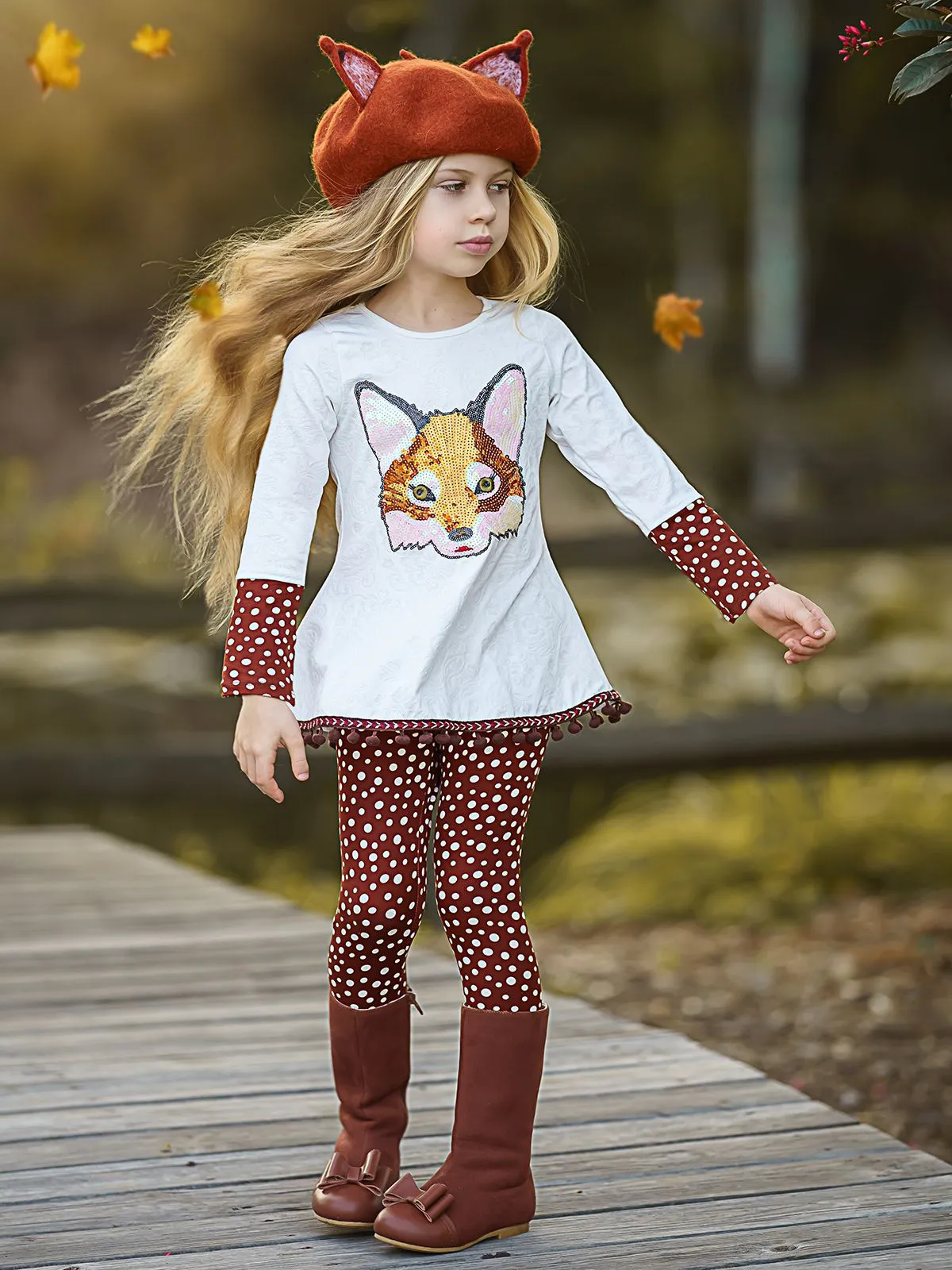 Girls Cuffed Long Sleeve Applique Swing Tunic And Legging Set