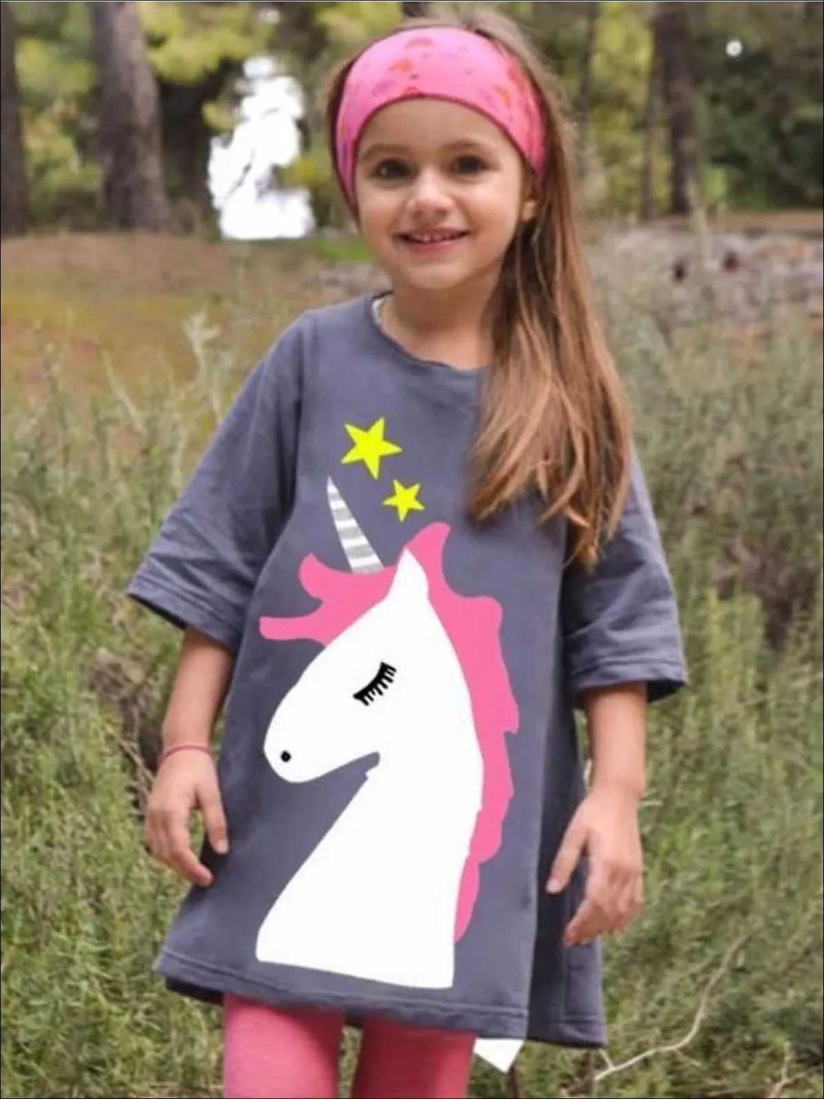 Girls Grey Unicorn Graphic Tunic Dress