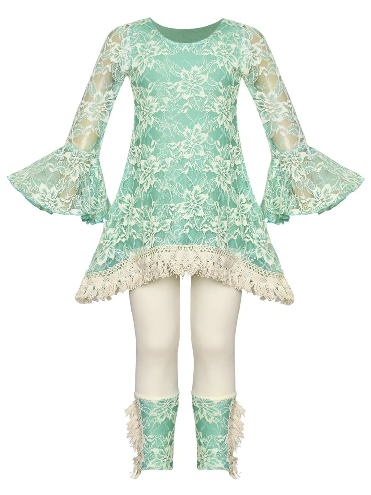 Girls Lace Bell Sleeve Crochet Hem Side Tail Tunic And Cuffed Legging Set