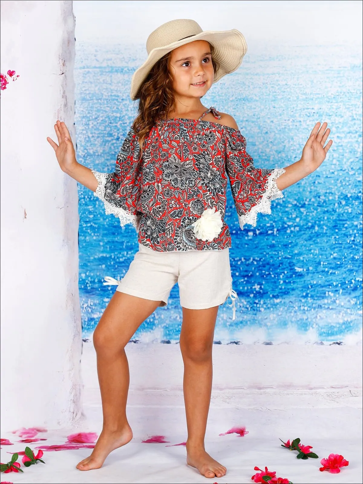 Girls Trimmed Off the Shoulder Strap Flare Sleeve Tunic And Drawstring Short Set