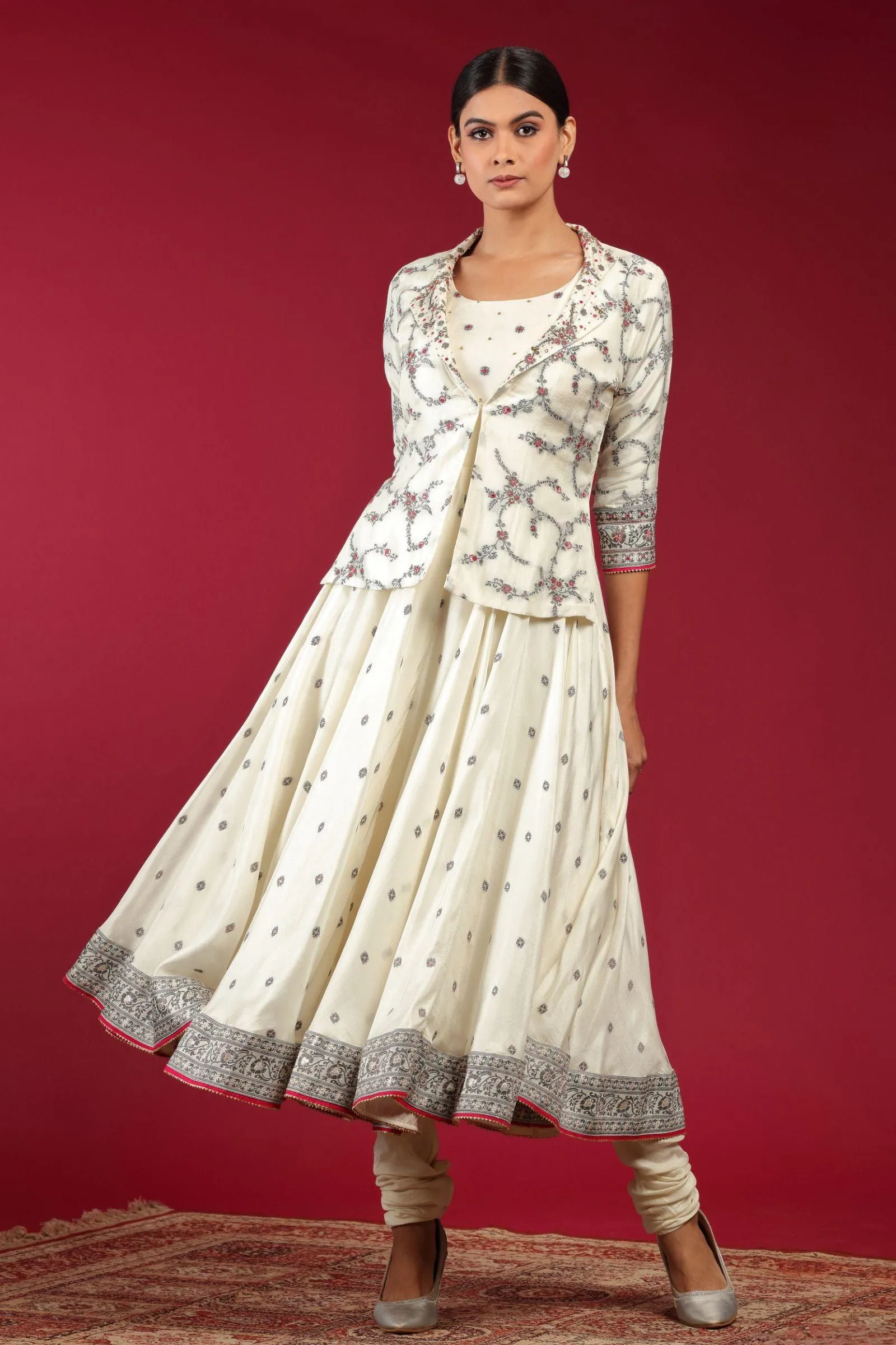 Half White Anarkali Style Salwar Suit with Overcoat and Gathering Pants