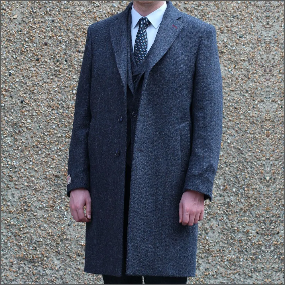 Harris Tweed Dark Blue Herringbone Overcoat--