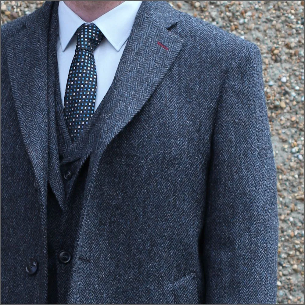 Harris Tweed Dark Blue Herringbone Overcoat--