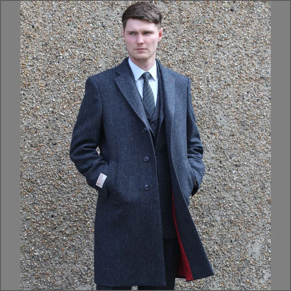 Harris Tweed Dark Blue Herringbone Overcoat--