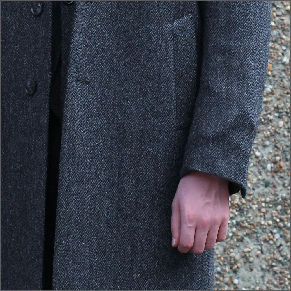 Harris Tweed Dark Blue Herringbone Overcoat--