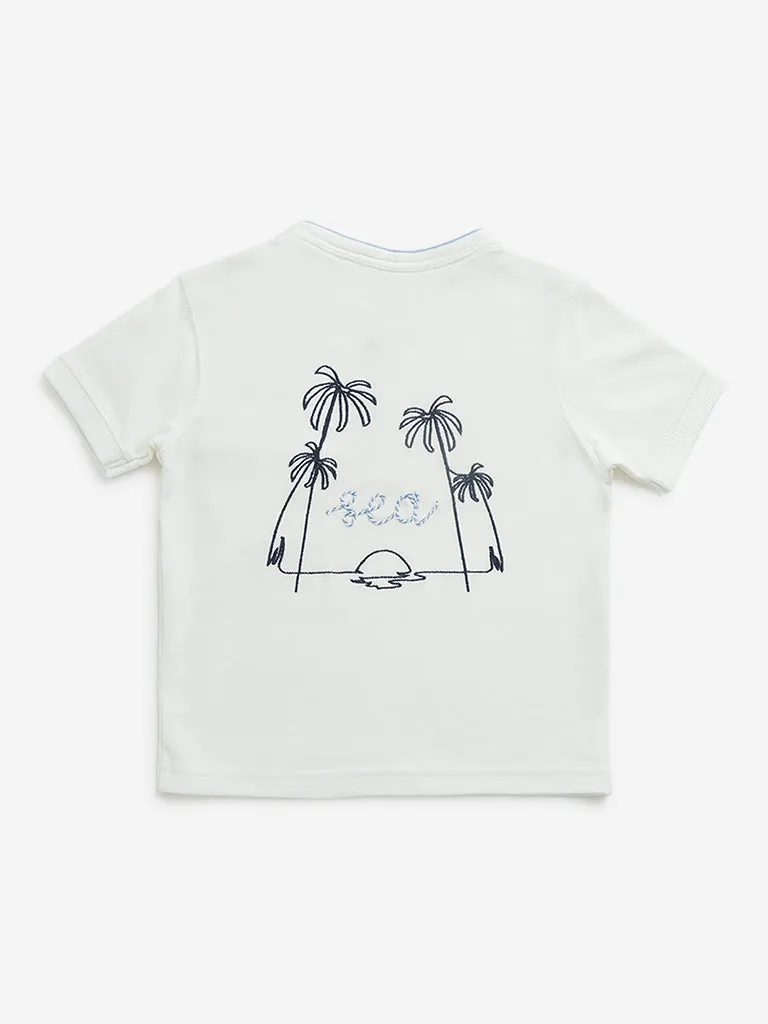 HOP Kids Off-White Embossed Print Henley Cotton T-Shirt