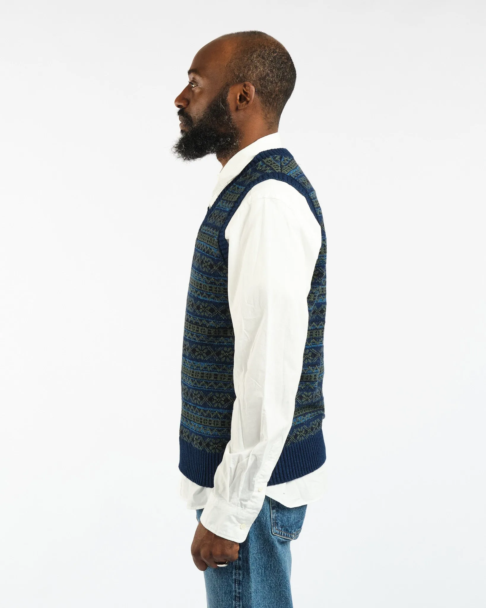 Indigo Knit Vest Fair isle Pattern Indigo Green