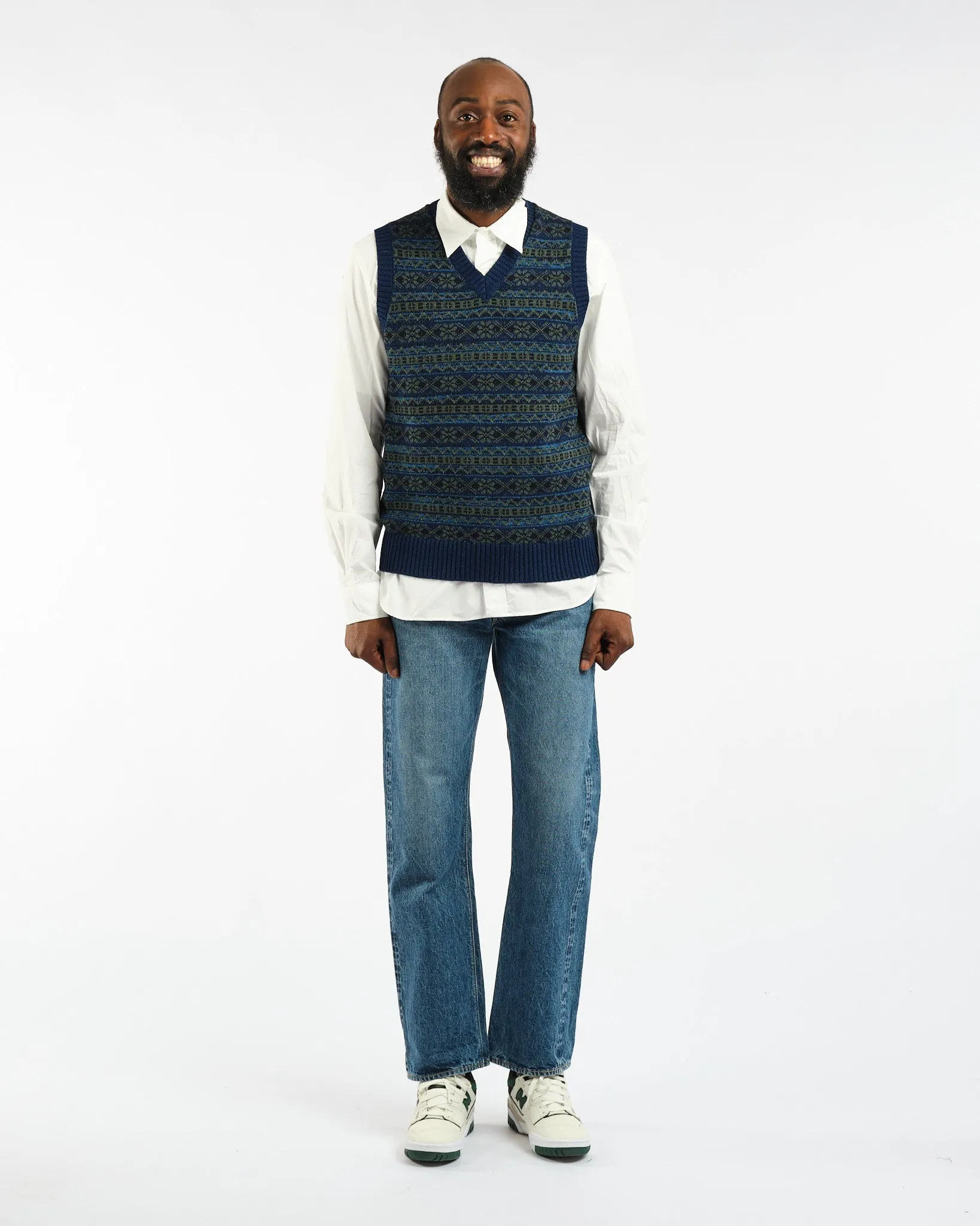 Indigo Knit Vest Fair isle Pattern Indigo Green