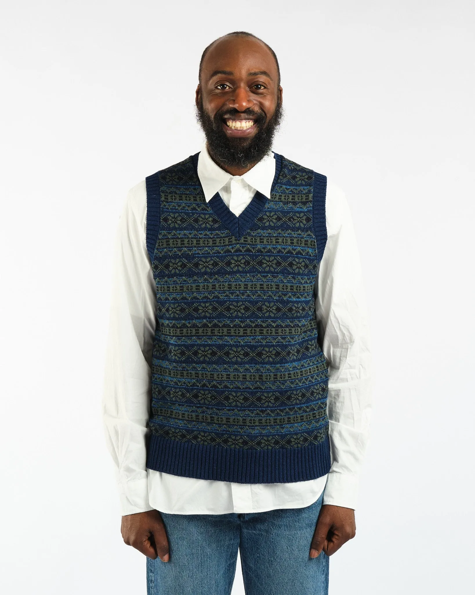 Indigo Knit Vest Fair isle Pattern Indigo Green