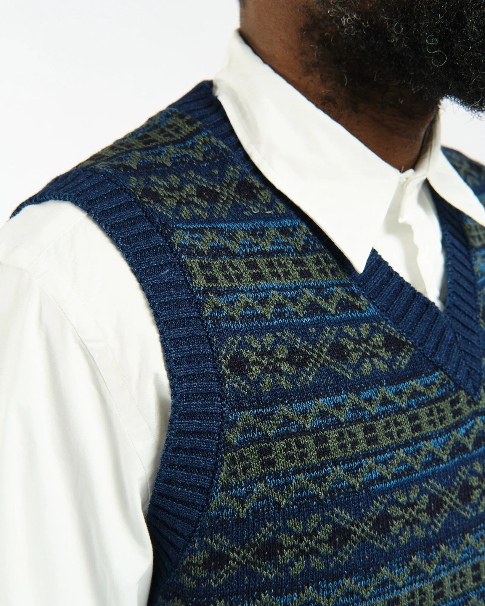 Indigo Knit Vest Fair isle Pattern Indigo Green