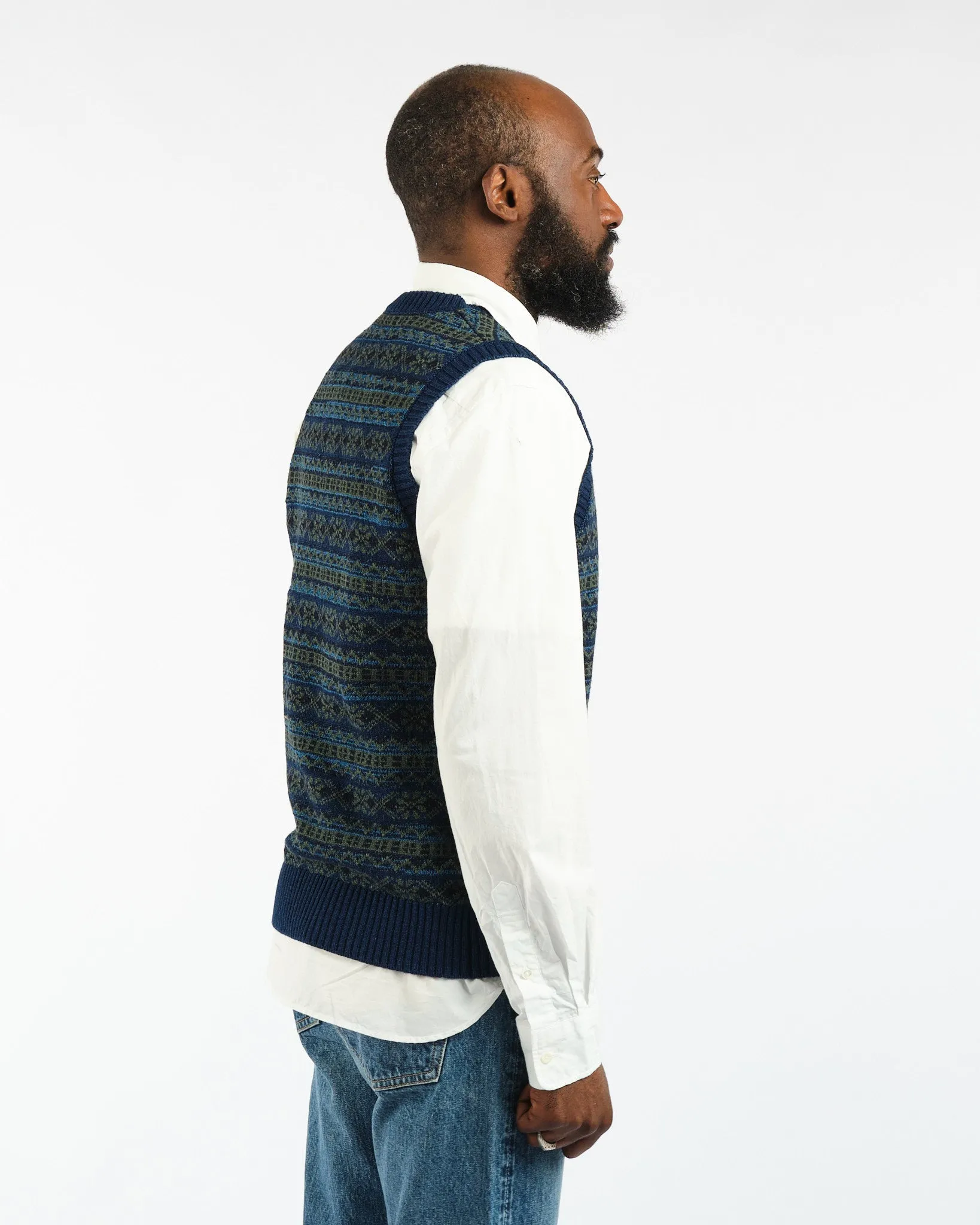 Indigo Knit Vest Fair isle Pattern Indigo Green