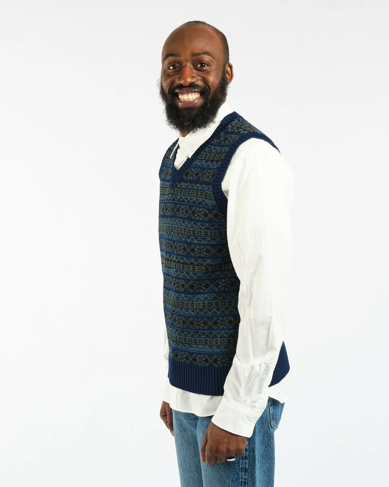 Indigo Knit Vest Fair isle Pattern Indigo Green