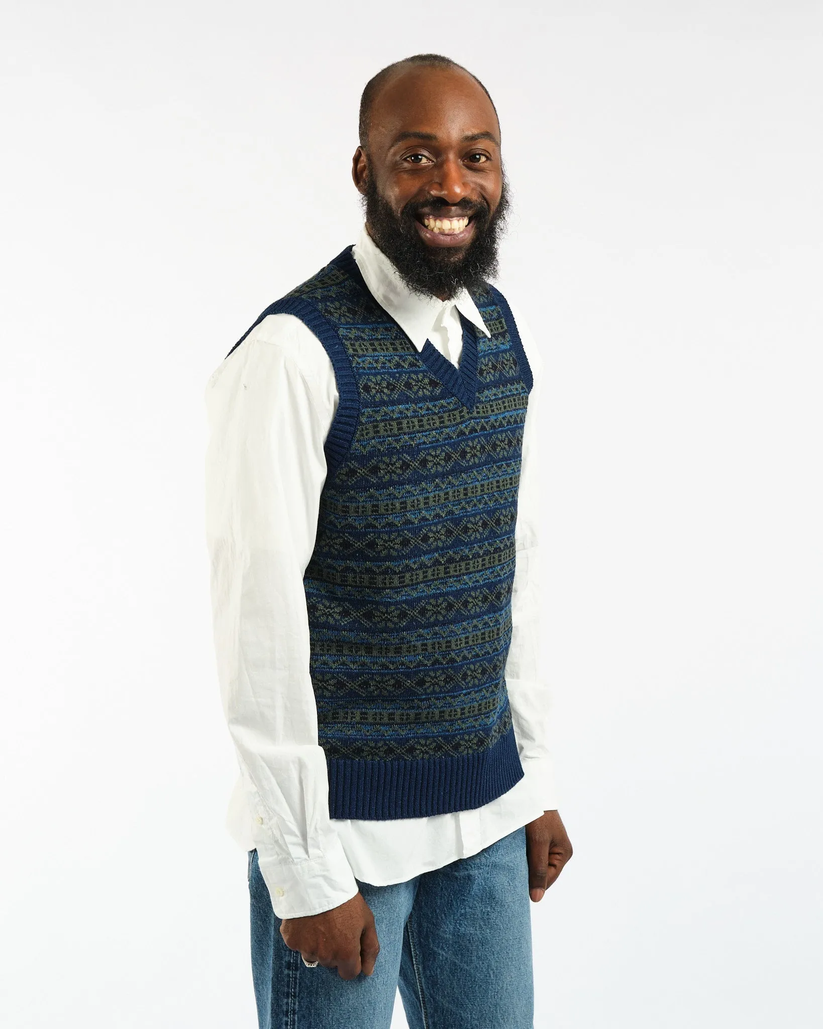 Indigo Knit Vest Fair isle Pattern Indigo Green