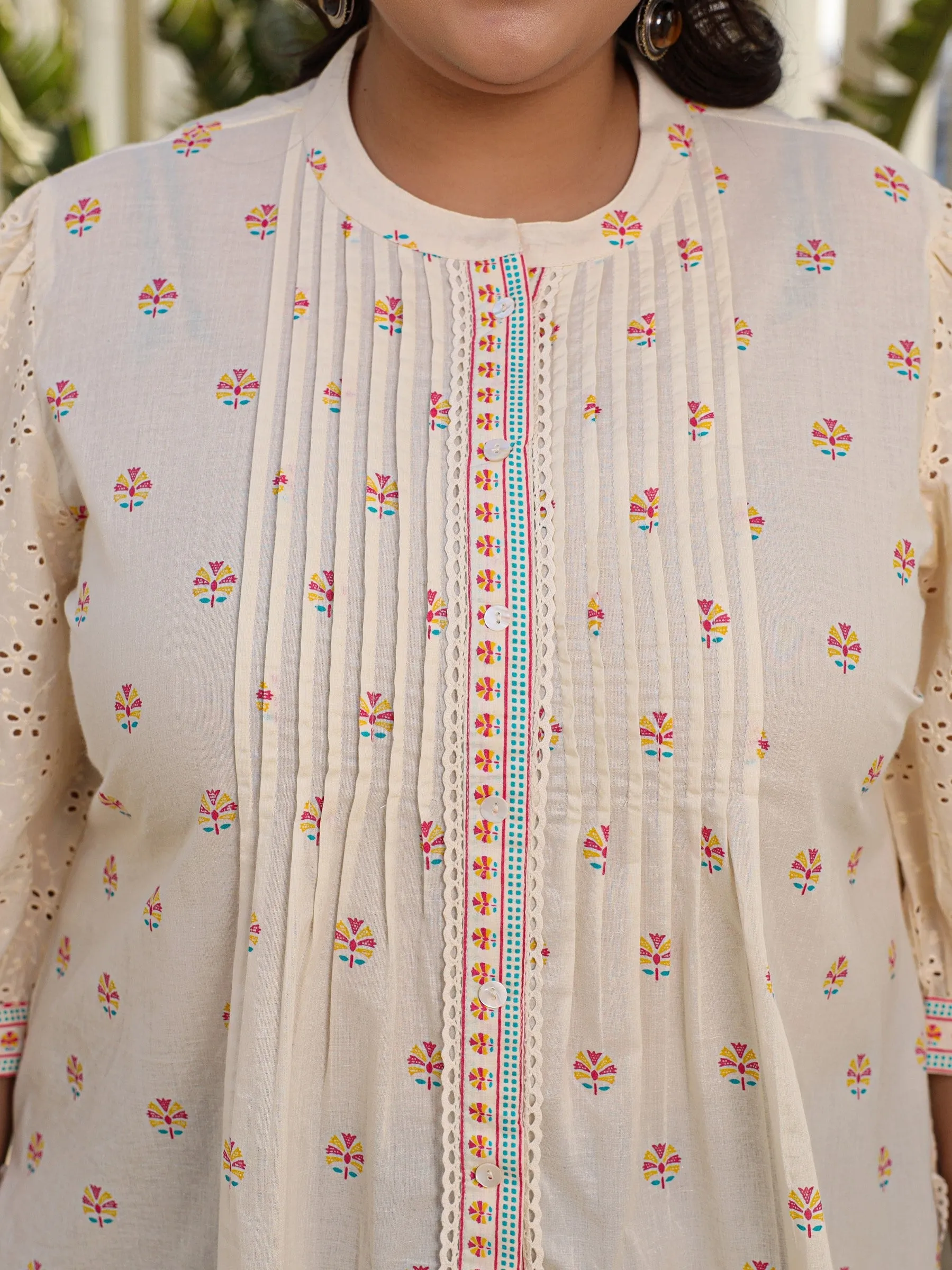 Juniper Off-White Ethnic Motif Printed Cotton Plus Size High-Low Tunic With Pintucks & Lace