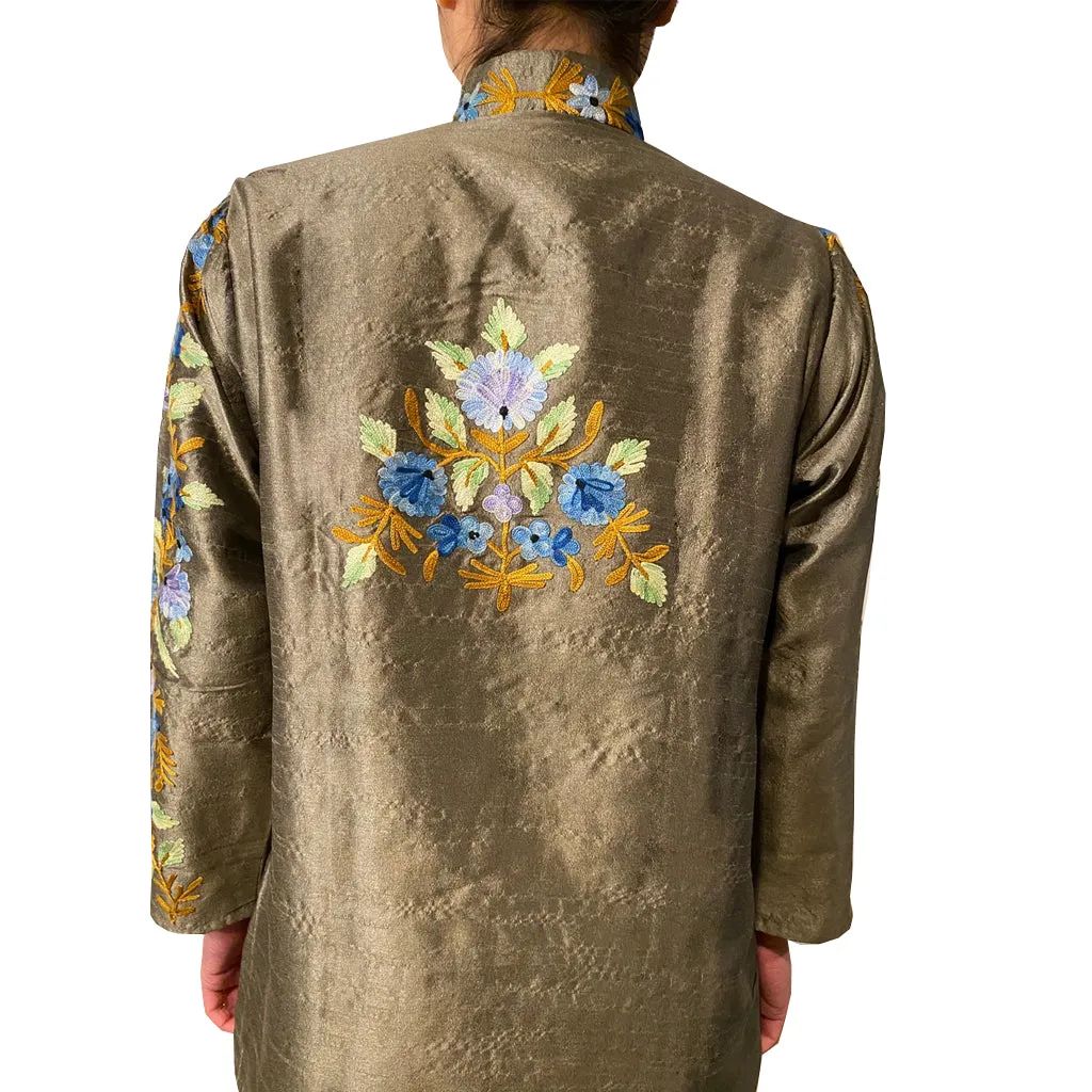 Kerala Olive Bamboo Silk Floral Embroidered Jacket