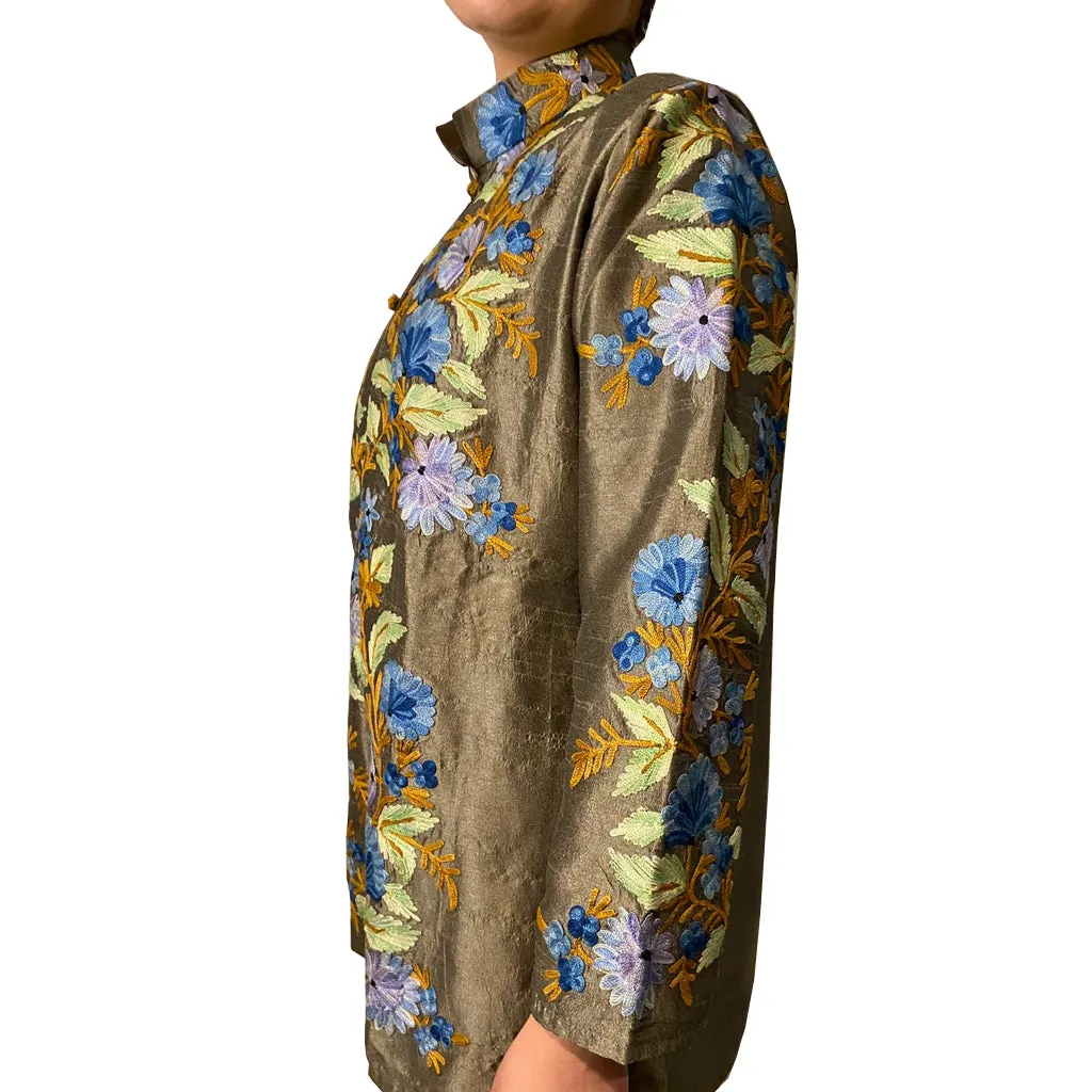 Kerala Olive Bamboo Silk Floral Embroidered Jacket