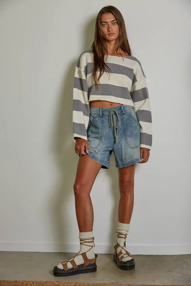 Knit Sweater Striped Pullover Crop Top