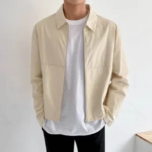 [Korean Style] Black/Beige Solid Lapel Zipper Jacket