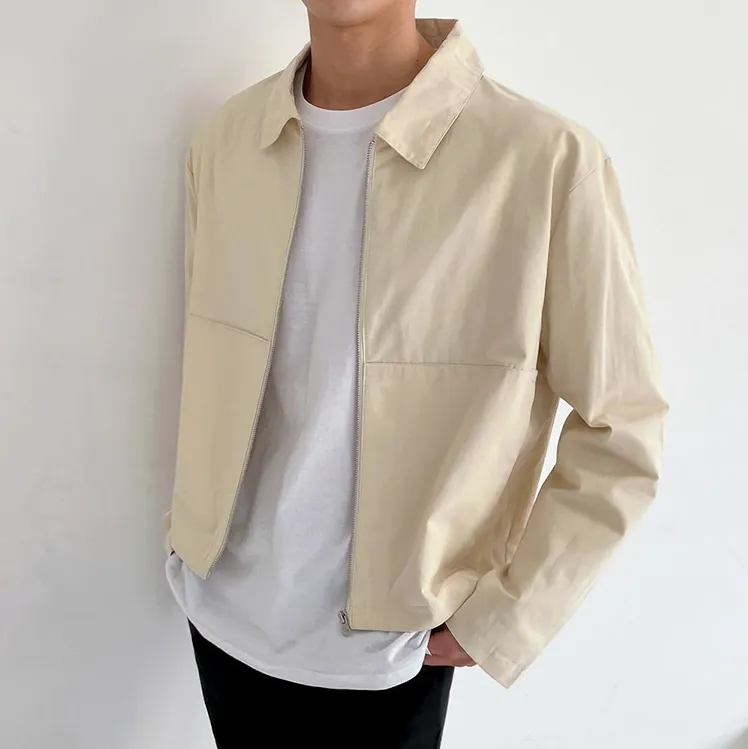 [Korean Style] Black/Beige Solid Lapel Zipper Jacket