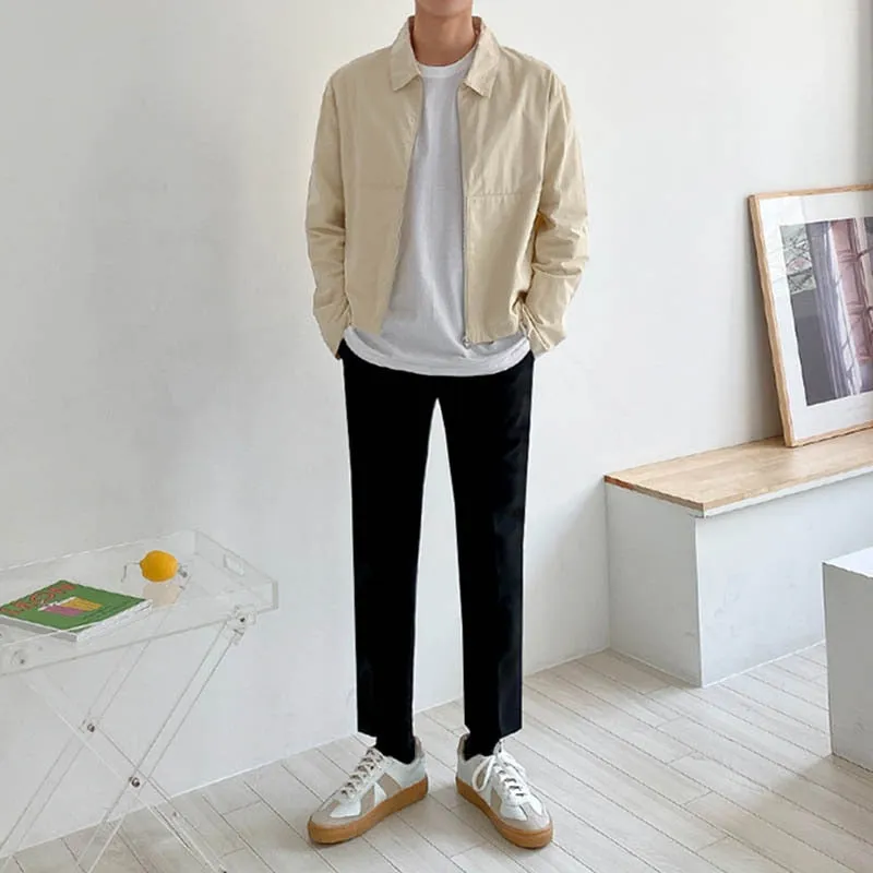 [Korean Style] Black/Beige Solid Lapel Zipper Jacket