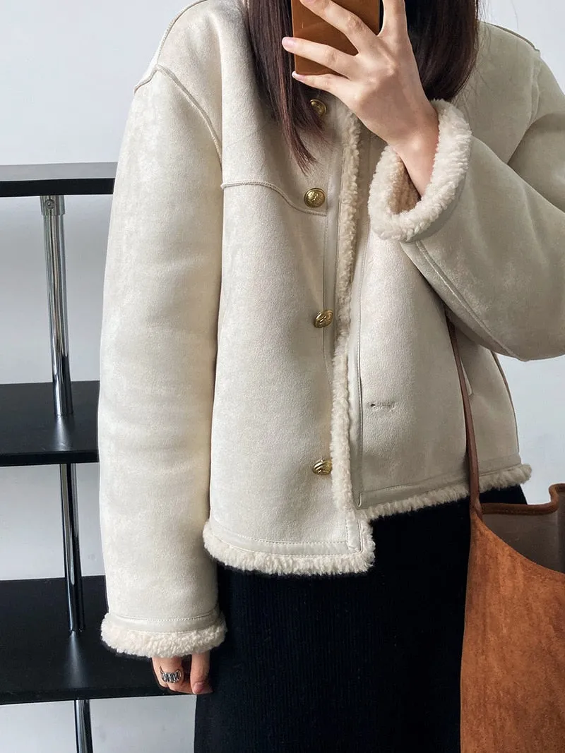 [Korean Style] Faux Lambskin Shearling Collarless Cropped Sherpa Jacket