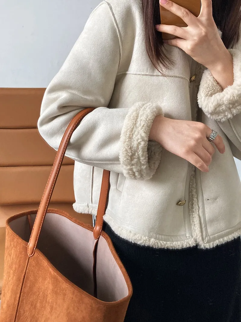 [Korean Style] Faux Lambskin Shearling Collarless Cropped Sherpa Jacket