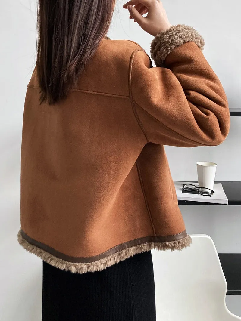 [Korean Style] Faux Lambskin Shearling Collarless Cropped Sherpa Jacket