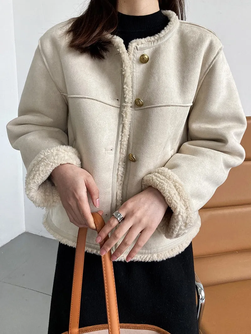 [Korean Style] Faux Lambskin Shearling Collarless Cropped Sherpa Jacket