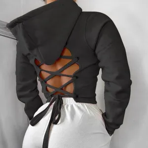 Ladies Lace up back hoodie crop sweatshirt sweater