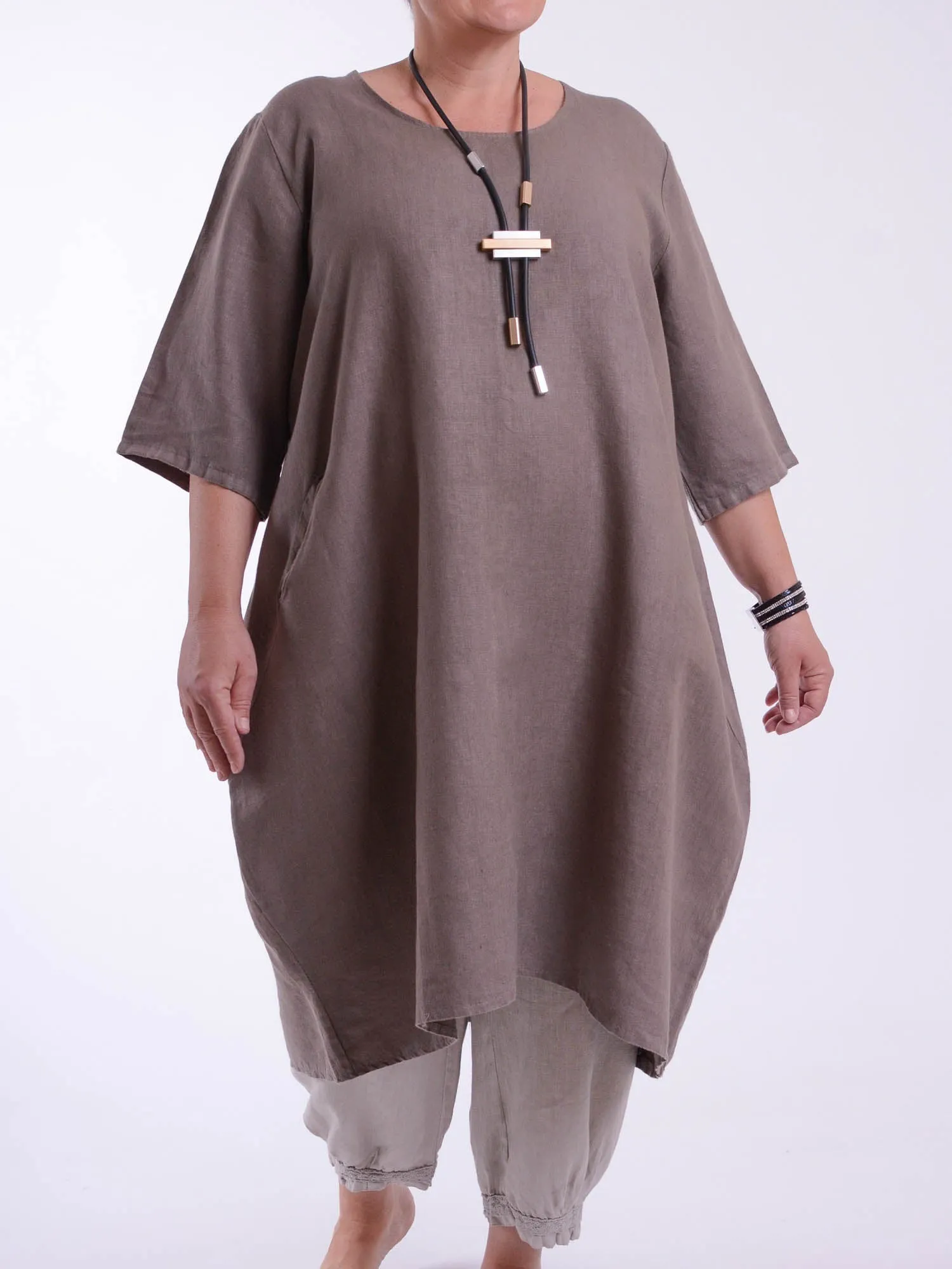 Lagenlook Basic Casual Tunic Dress - 9469 Linen