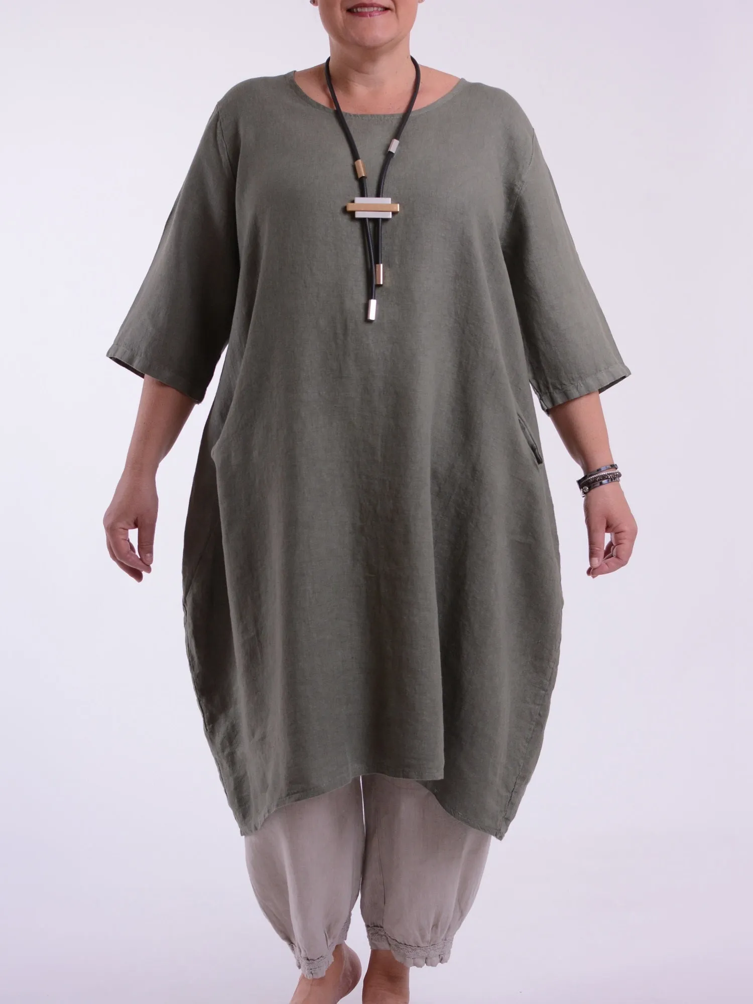 Lagenlook Basic Casual Tunic Dress - 9469 Linen