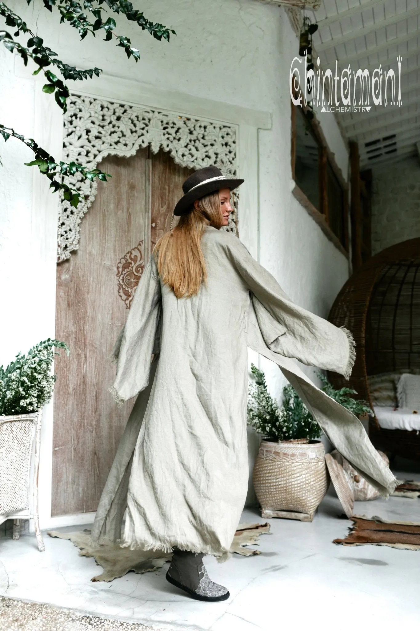 Long Linen Japanese Kimono for Women / Sage Green