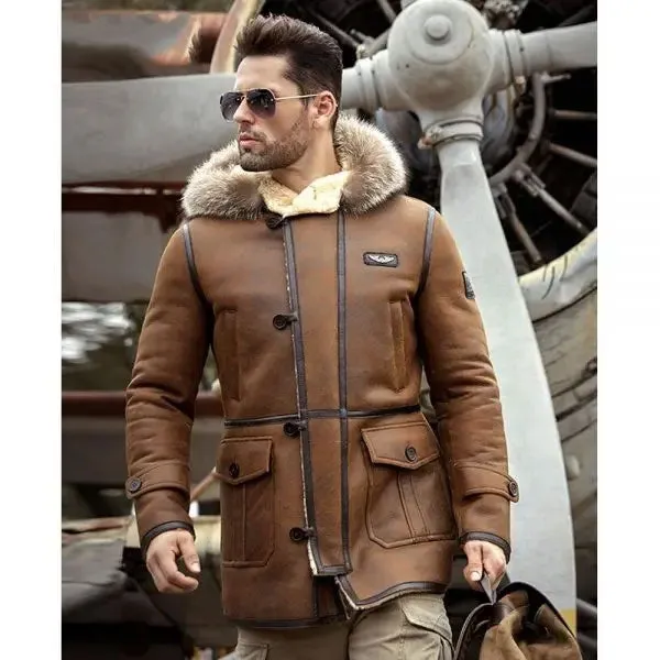 Men's Bomber Hooded Mink Fur Shearling Leather Long Jacket Coat