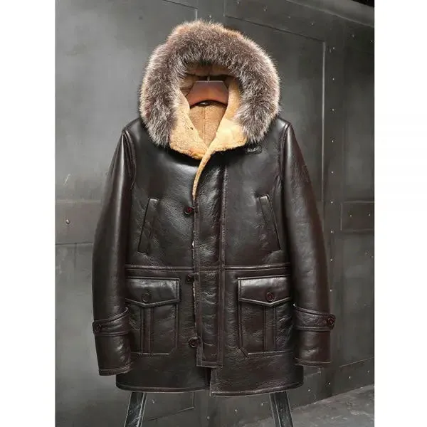 Men's Bomber Hooded Mink Fur Shearling Leather Long Jacket Coat