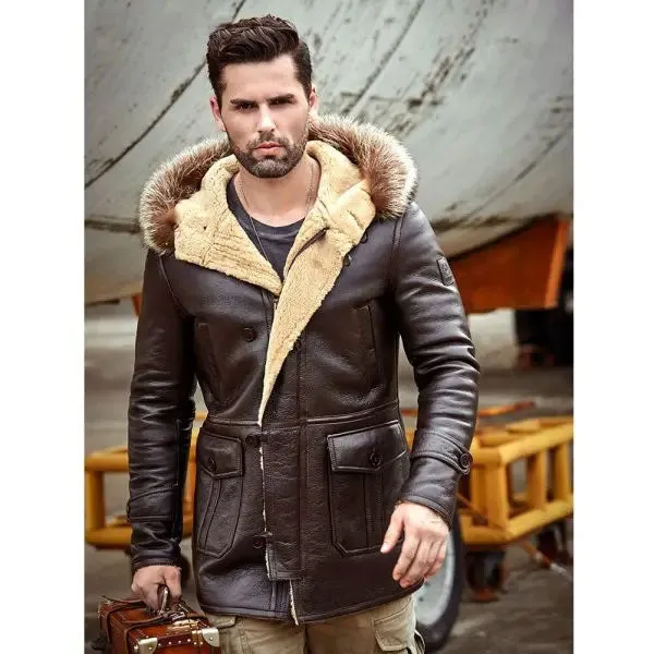 Men's Bomber Hooded Mink Fur Shearling Leather Long Jacket Coat