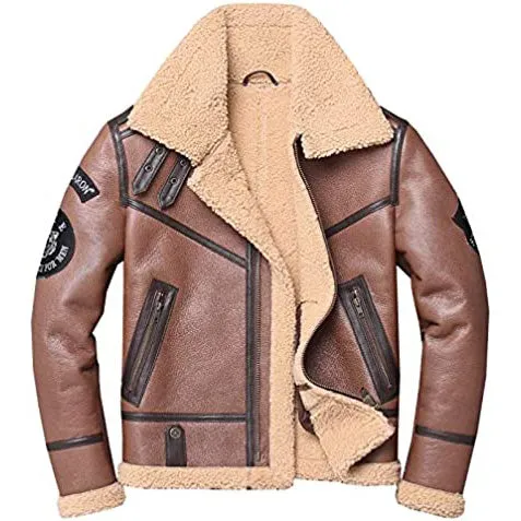 Men's Genuine Leather Shearling Bomber Aviator Jacket Sheepskin Coat