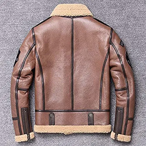 Men's Genuine Leather Shearling Bomber Aviator Jacket Sheepskin Coat