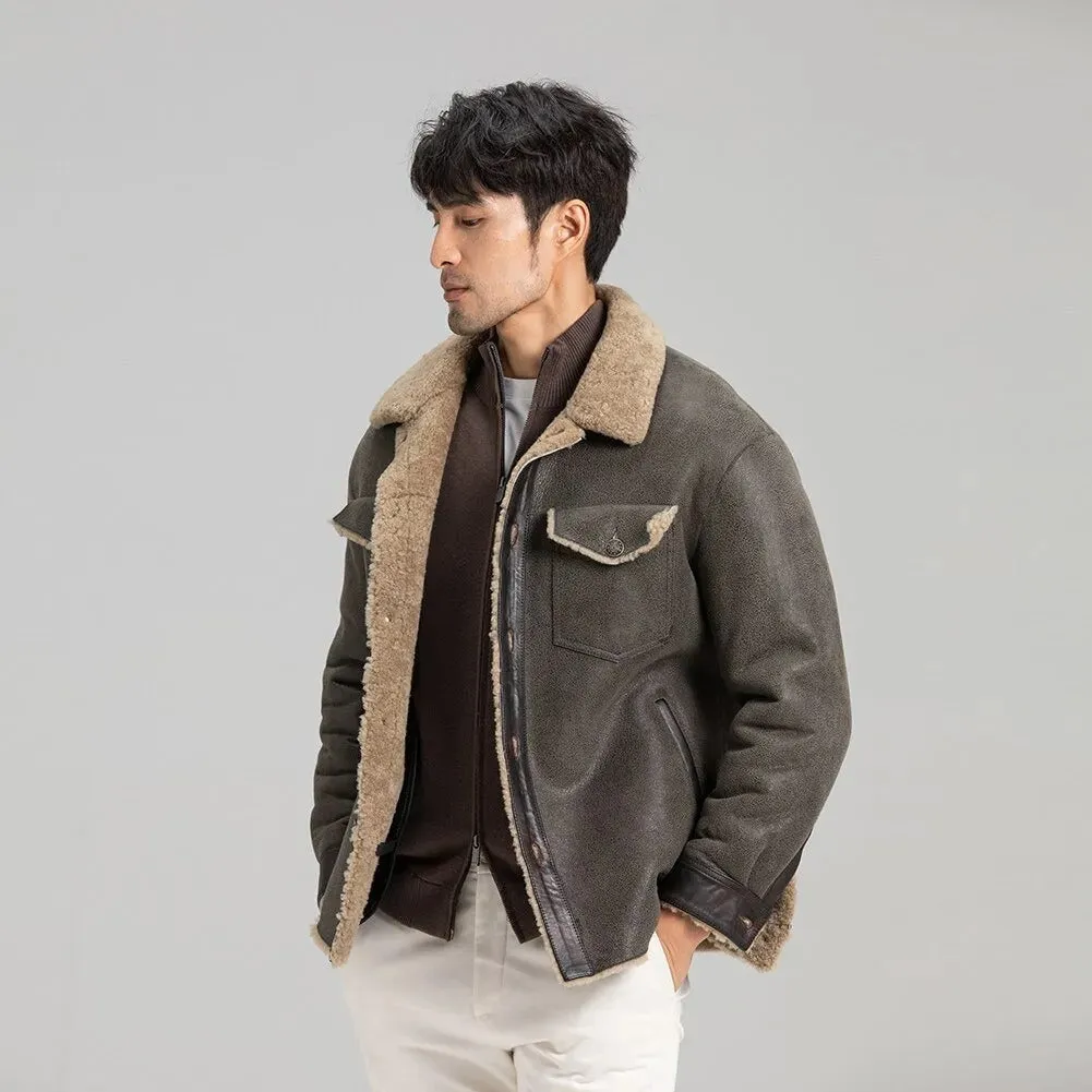 Men's Grey Shearling Jacket - Trucker Style