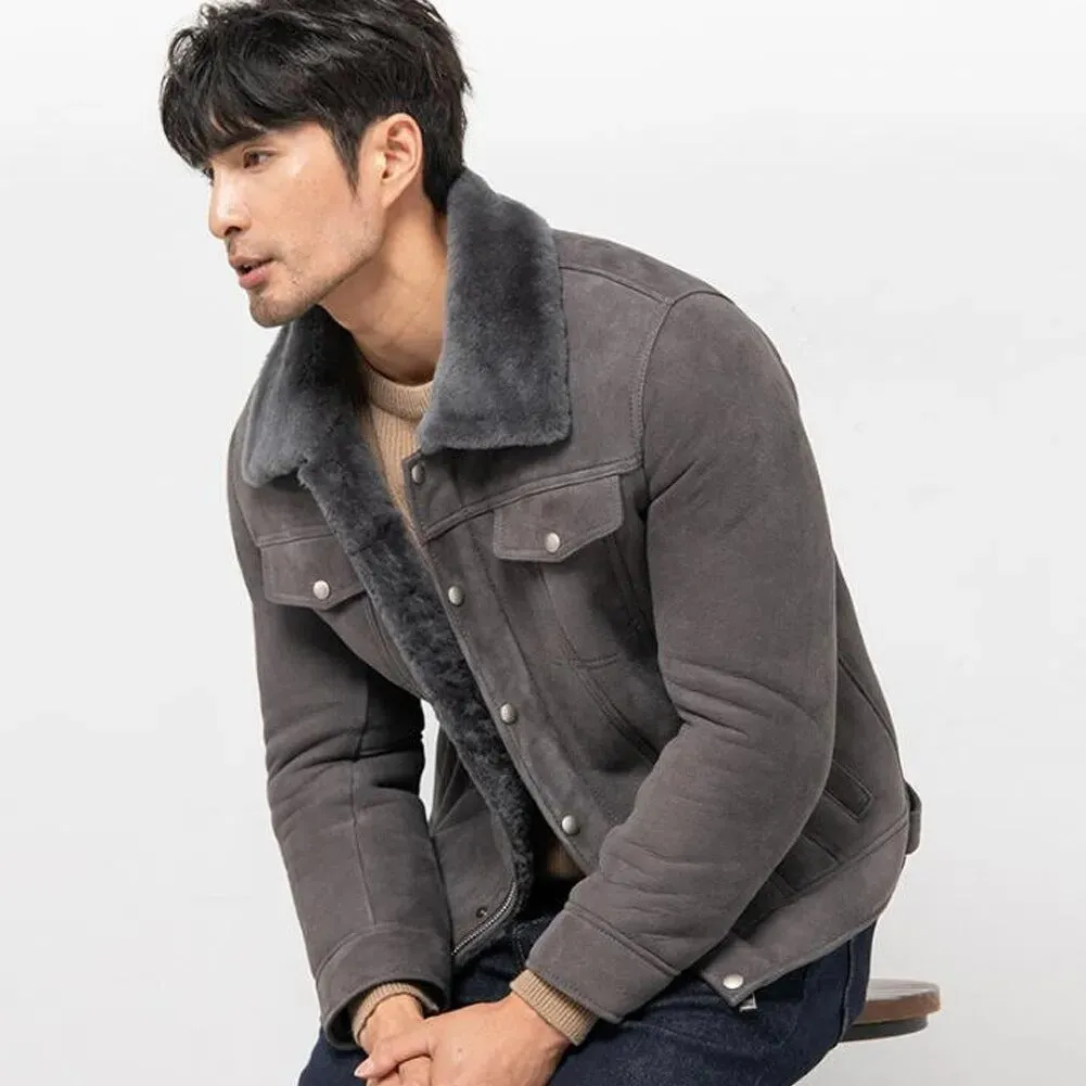 Men's Grey Shearling Suede Jacket - Sheepskin Coat