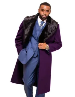 Mens Overcoat - Topcoat For Men - Winter Fabric - Purple Overcoat ~ Long men's Dress Topcoat - Winter coat With Fur Collar And Wool Fabric