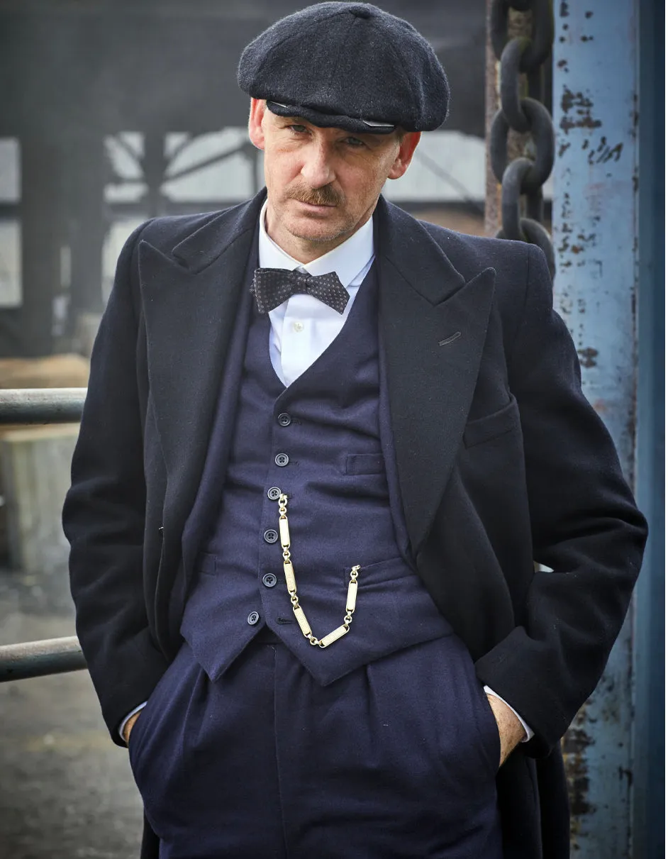 Mens Peaky Blinders Costume Arthur Shelby Vested Navy Suit with Black Overcoat & Hat