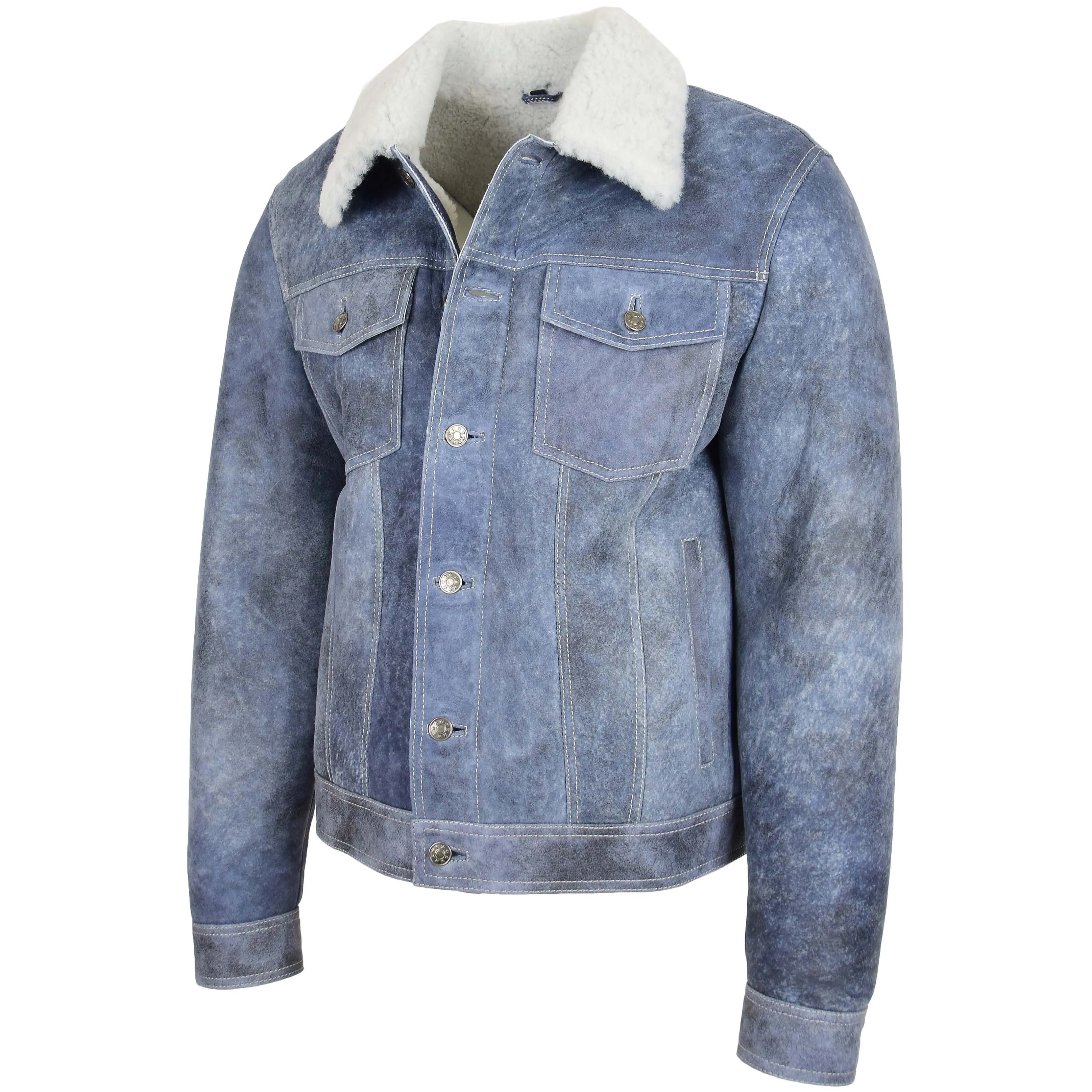 Mens Real Sheepskin Trucker Jacket Noah Denim Blue