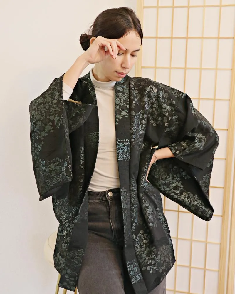 Midnight Blue Blossoms on Black Haori Kimono Jacket