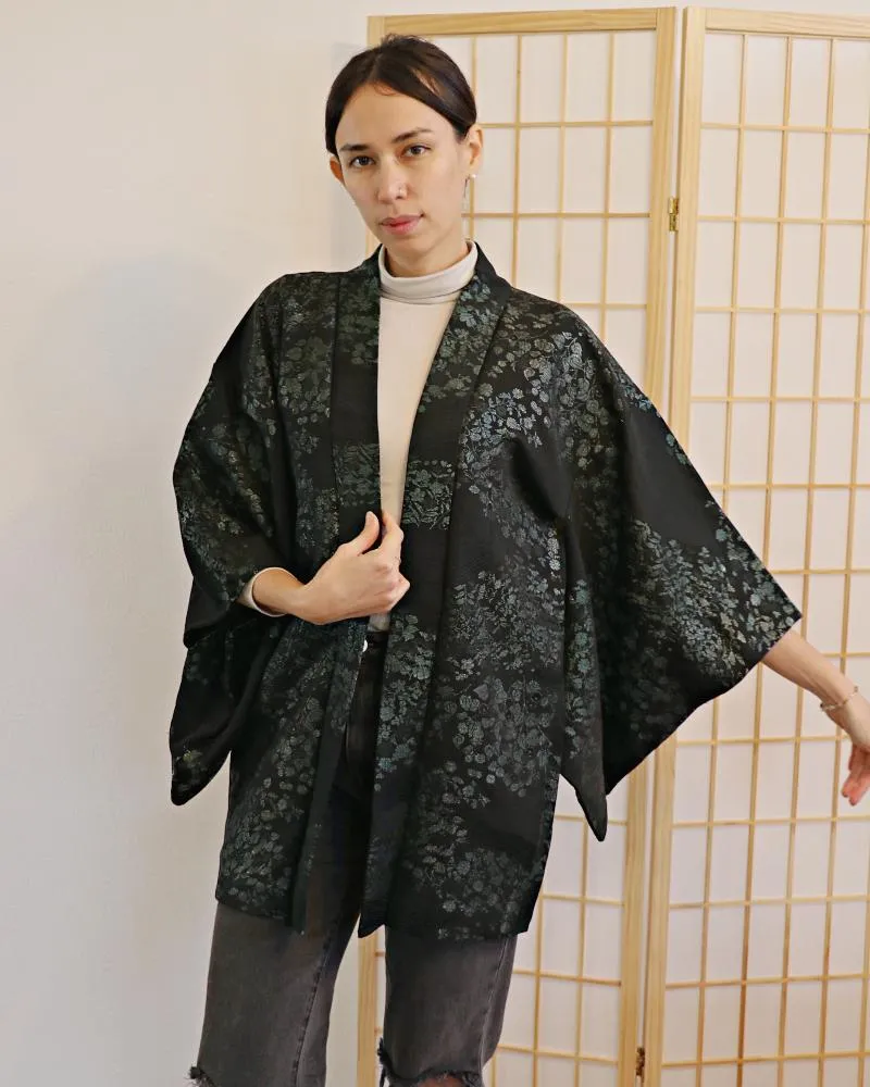 Midnight Blue Blossoms on Black Haori Kimono Jacket